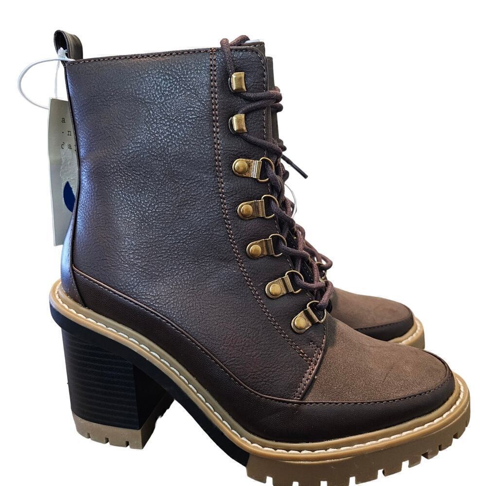 A New Day Tessa Heeled Boots Womens Size 7 Brown Chunky Round Toe Lace Up